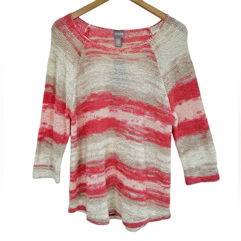 Chico’s Aubrey Space Dye Coral Blush Open Knit Tunic Top Coastal Beach Resort L